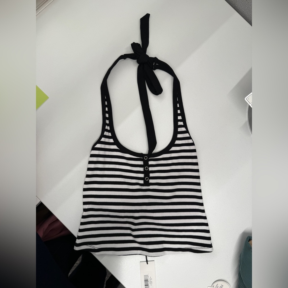 Frankie's Bikinis Black and White Striped Halter Tank Top